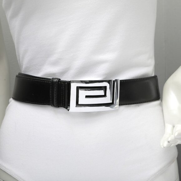 Vintage LONGHI Leather Belt Italy Black Large Silver Statement Buckle Classic - Picture 3 of 9